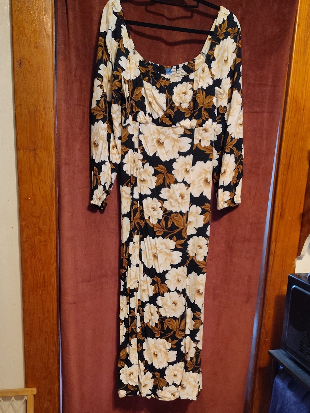 Old Navy Black Floral Dress with Brown & Cream Blooms
